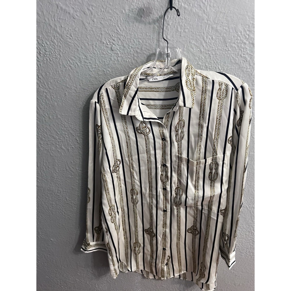 Zara Women White Rope Print Button Up Shirt Blouse Long Sleeve Size Medium